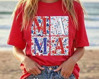 MAMA 4th of July Shirt, Patriotic Floral Block Letters Tee, Red White Blue Mom Gift, USA Independence Day T-Shirt, Cute Summer Flower Shirt