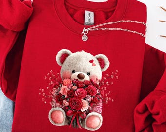 Bear Rose Sweatshirt, Romantic Floral Bear Artwork T-shirt, Cute Valentine Gift, Soft Cozy Love Design for Women