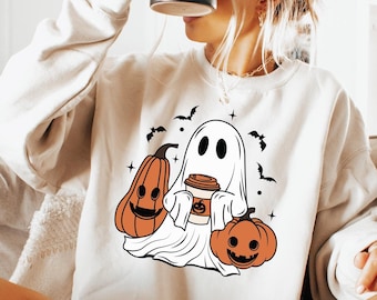 Shirt met spookachtige geest koffie drinken, retro pompoenshirt, shirt pompoenseizoen, shirt Halloween-koffie, schattig spookshirt, shirt herfstvibes