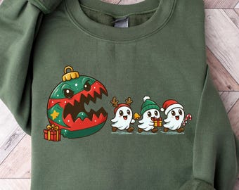 Funny Christmas Ghost Sweatshirt, Cute Holiday Crewneck, Festive Ornament Monster Shirt, Cute Spooky Gift, Matching Family Christmas Tee