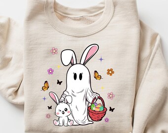 Bluza z duchem wielkanocnym, słodka, upiorna bluza z jajkiem wielkanocnym, koszulka Boo Easter, koszulka z króliczkiem duchem wielkanocnym, zabawna bluza wielkanocna, koszulka z duchem