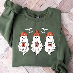 Cute ghosts drinking coffee together Halloween sweatshirt, Halloween coffee shirt, ghost shirt, Halloween party, Fall Sweatshirt, Fall Vibes