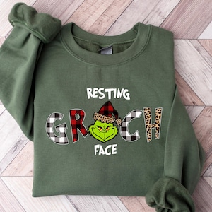 Resting Grinch Face Sweatshirt, Funny Christmas Grinch Shirt for Women, Leopard Plaid Holiday Tee, Cozy Grinchmas Sweater Gift Idea
