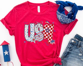 USA Patriotic Shirt, Cute 4th of July T-Shirt for Women, Red White Blue Graphic Tee, Star Stripe Gingham Bow Top, Independence Day Outfit