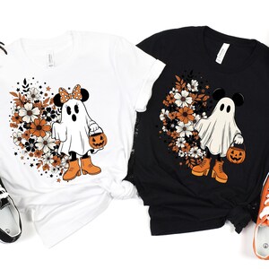 Mickey and Minnie Ghost Shirts | Halloween Couple Tees | Retro Floral Ghost T-shirt | Disney Halloween Apparel | Spooky Season Gift