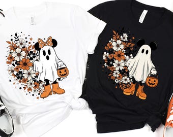 Koszulki z duchami Myszki Miki i Minnie | Koszulki dla par na Halloween | Koszulka z duchem w stylu retro w kwiaty | Odzież Disney na Halloween | Prezent na upiorny sezon