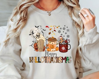 Happy Hallothanksmas Sweatshirt, Happy Halloween Thanksgiving Christmas Skeleton Shirt,Holiday Shirt,Halloween Gift,fall clothing,Autumn Tee
