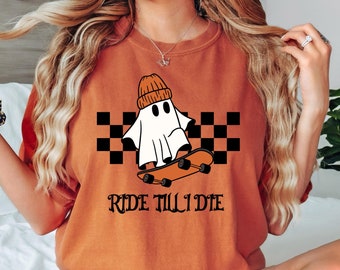 Vintage Ride tills I die Halloween-tröja, söt skaterspöktröja, rolig Halloween-t-shirt, söt hösttröja, läskig säsong, Halloweenfest
