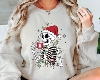 Skeleton Christmas Sweatshirt, Dead Inside Skeleton Christmas Sweatshirt, Coffee Lover Christmas Gift, Sarcastic Christmas Coffee Shirt