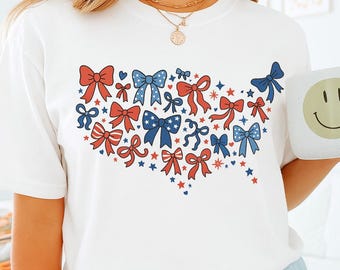 Patriotic Bow USA Shirt, Cute 4th of July T-Shirt, Red White Blue Coquette Bow Graphic Tee, Independence Day Top, America Map Women's Outfit