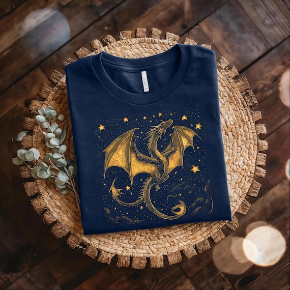 Celestial Dragon Shirt, Gold Fantasy T-Shirt, Mystic Dragon Sweatshirt, Moon Star Dragon Tee, Witchcore Gothic Clothing, Magic Creature Gift