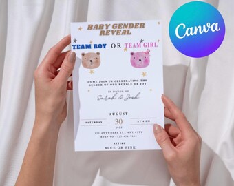 Teddy Bear Gender Reveal Invitation, Team Boy or Girl (Editable Canva Template)