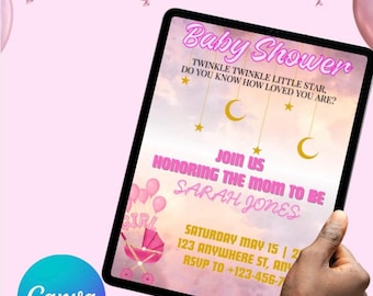 Twinkle Star Baby Shower Invitation – Pink & Gold, Girl Baby Shower Flyer (Digital Download)