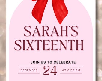Red Bow Birthday Invitation, 16th Birthday Girl Invitation, Teen Birthday Invite, Coquette Bow,Canva Template, Birthday Flyer
