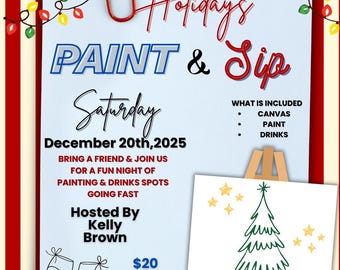 Holiday Paint & Sip Flyer Template ,Christmas Paint Party Event Flyer,Ladies Night Canva Template, Winter Art Class Poster