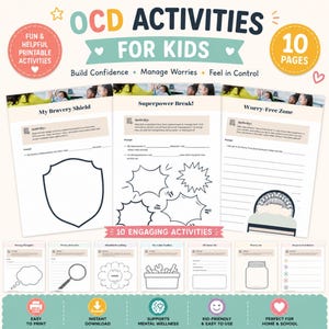 Utskrivbara aktiviteter för barn med OCD | Arbetsbok för ångesthantering | KBT- och SEL-arbetsblad | Lugnandeaktiviteter | 10 sidor
