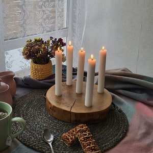 Oak Wooden Candle Holder: Rustic Centerpiece with 5 Candles