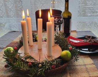 Oak Wood Candle Holder: Advent Christmas Centerpiece with 5 Candles