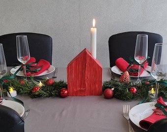 Wooden House Candle Holder: Christmas Table Decor with White Candle
