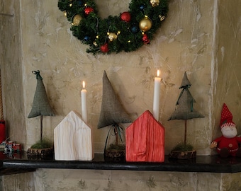 Wooden House Candle Holder, Red and White  Wooden Christmas Home Decor