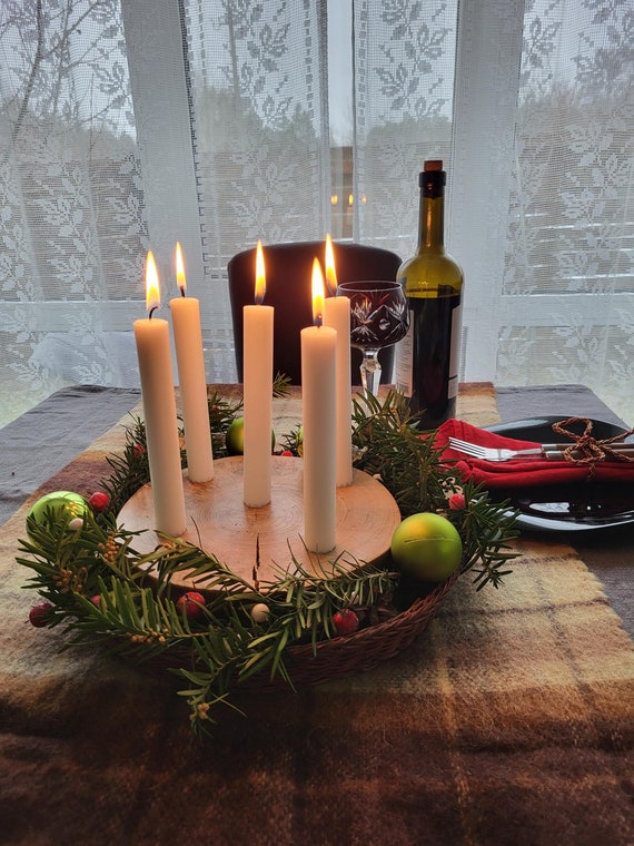 Oak Wood Candle Holder: Advent Christmas Centerpiece with 5 Candles