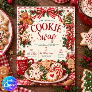 May include: A rectangular invitation card for a Cookie Swap featuring a red and white striped bow, gingerbread man, Christmas tree, and candy cane illustrations. The text reads You're Invited to a Cookie Swap, The Wilson Home, and Dec 14, 2024.