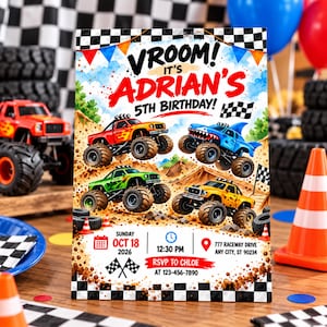 Monster Truck Birthday Invitation, Editable Canva Invite Template, 5x7 & Mobile, Monster Truck Party, Instant Download