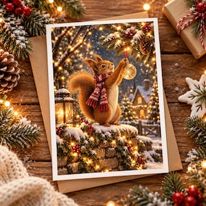 Christmas Card with Squirrel and Christmas Tree Winter Scene Holiday Card | Cute Animal Card for Nature Lovers | Festive Card