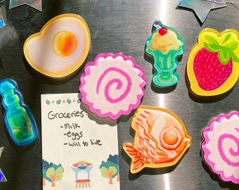 FOOD Fridge Magnets! 2.5" glitter fishcake, ramune, gummy bears, taiyaki, strawberry, cream soda, egg