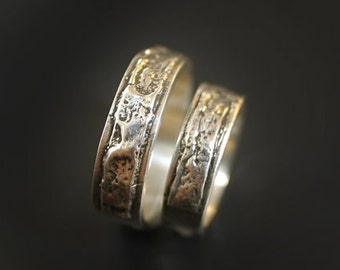 Let your Love Burn Wedding Ring Set Created from Fire & Bark in Sterling Silver