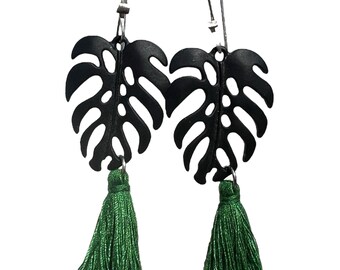 Black Monstera Tassel Earrings