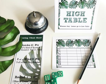 Monstera Bunko Score Cards, Table ID Tents and Score Cheat Sheet