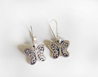 Spring Butterfly Earrings with Bunnies and Flowers in Sterling Silver