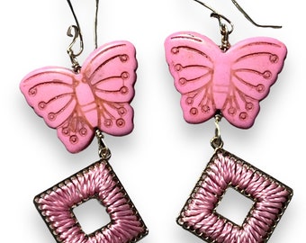 Pink Stone Butterfly Dangle Earrings