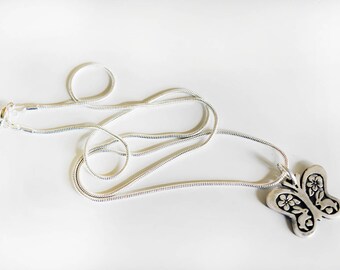 Spring Butterfly Necklace with Bunnies and Flowers in Sterling Silver