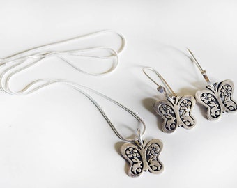 Spring Butterfly Necklace & Earring Set with Bunnies and Flowers in Sterling Silver