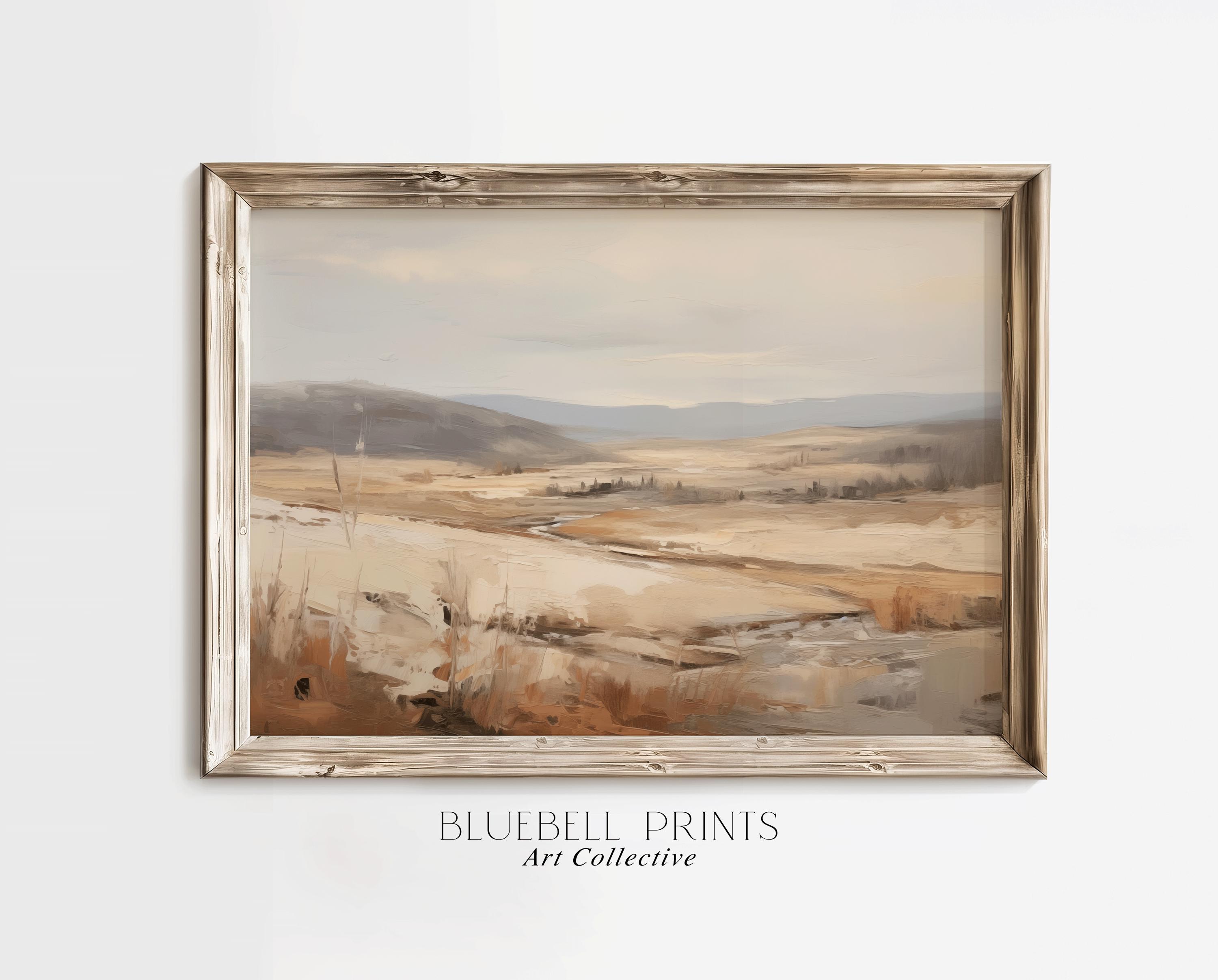 田舎の砂漠の風景油絵 | 素朴なミニマルな農家の壁アート | 秋の