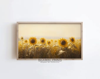 May include: A framed print featuring a field of sunflowers under a soft, yellow sky. The sunflowers are in full bloom, with vibrant yellow petals and dark brown centers. The print is labeled "BLUEBELL PRINTS Elegant Art Collective."
