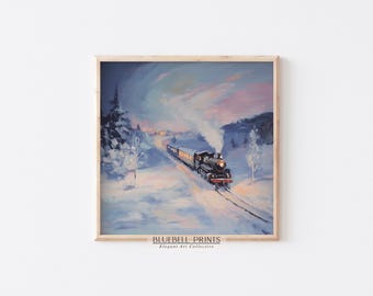 PRINTABLE Christmas Train Oil Painting | Moody Cozy Cabin Wall Art | Vintage Snowy Winter Railroad Landscape Digital Print | BB 01427