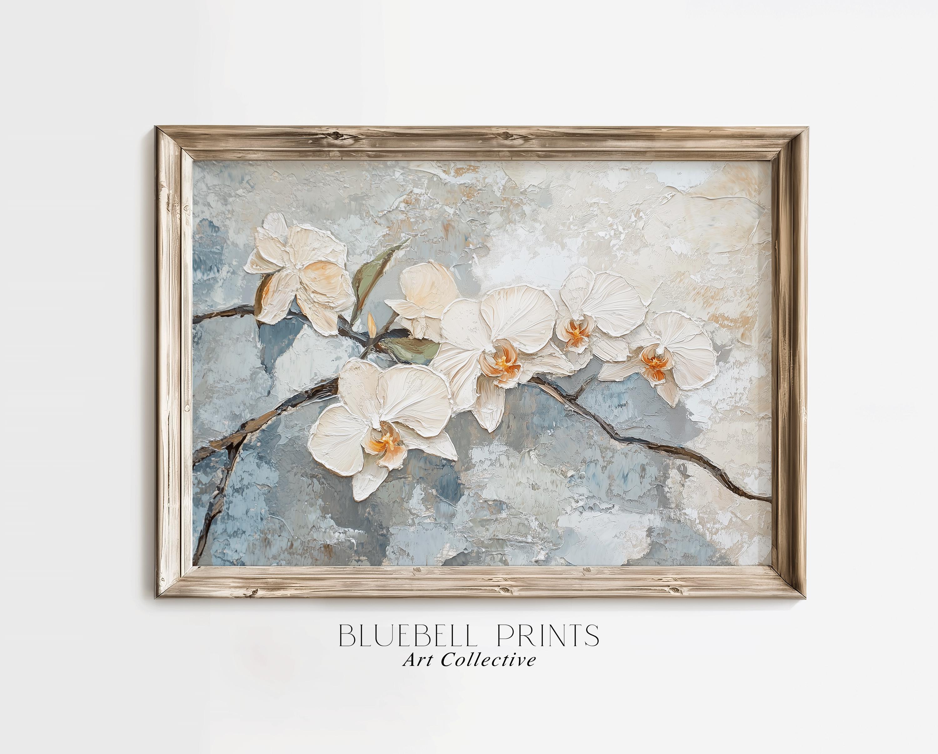 White Orchid Farmhouse Oil Painting | Muted Light Blue Cottagecore