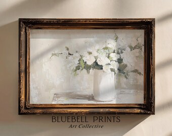 花瓶の中の白い花の油絵 | ニュートラルなフランスの農家の壁アート