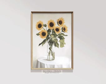 Sonnenblumenvase Stillleben Ölgemälde | Bauernhaus Cottage Wandkunst | Vintage Frühling & Sommer botanische Druck | DRUCKBARE Digital | BB-01249