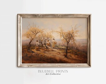 May include: A vintage oil painting depicting four figures in a landscape setting. The figures are dressed in traditional clothing and are carrying baskets. The landscape is characterized by trees with white blossoms and a distant view of hills. The painting is framed in a light wood frame.
