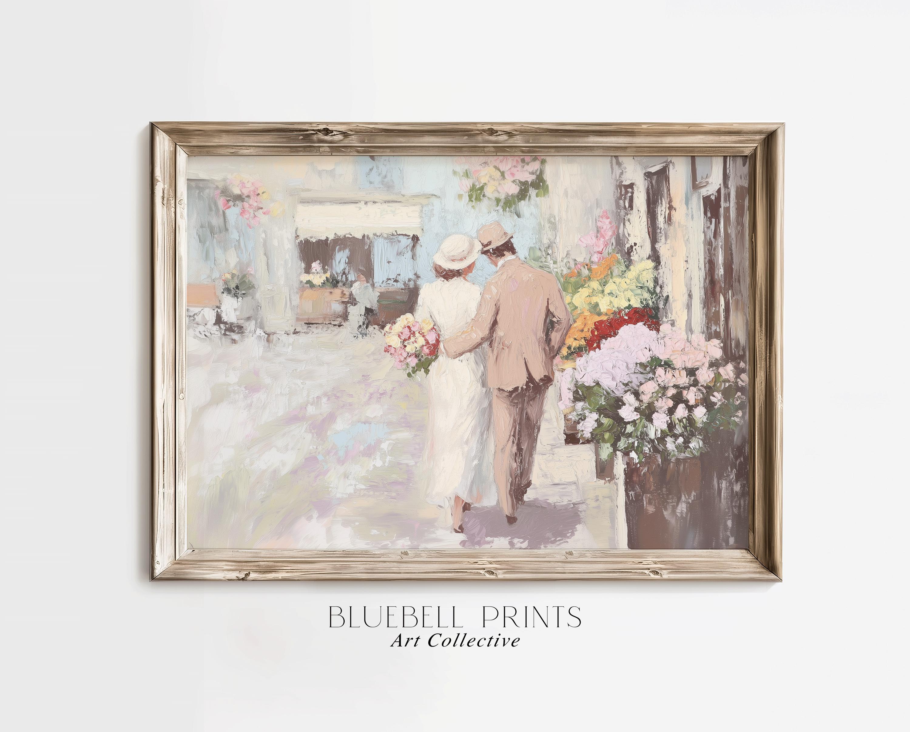 Vintage Romantic Couple Oil Painting | Soft Pink Flower Market Wall Art ...