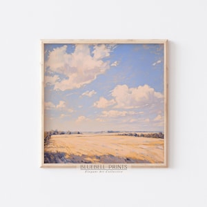 Cloudy Blue Sky Farmland Fields Oil Painting | Country Farmhouse Wall Art | Vintage Summer Landscape Print | Square PRINTABLE Digital 00599