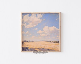 Cloudy Blue Sky Farmland Fields Oil Painting | Country Farmhouse Wall Art | Vintage Summer Landscape Print | Square PRINTABLE Digital 00599