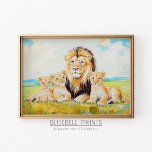 May include: A painting depicting a lion family. A large male lion with a thick mane sits with three cubs. The lion family is painted in a realistic style with a soft, colourful background.