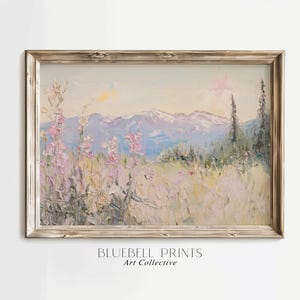 Country Mountains & Wildflowers Oil Painting | Rustic Farmhouse Cottage Wall Art | Vintage Spring Landscape Print | PRINTABLE Digital 00550