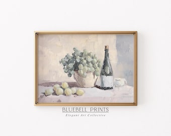 Muted White Wine Oil Painting | Neutral French Kitchen & Dining Wall Art | Vintage Fruit Still Life Print | PRINTABLE Digital | BB 00623