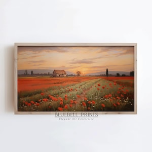 Può includere: Una stampa paesaggistica incorniciata che mostra un campo di papaveri rossi ed erba verde che conduce a una piccola casa sotto un cielo al tramonto. Il testo BLUEBELL PRINTS Elegant Art Collective è stampato in nero nella parte inferiore.